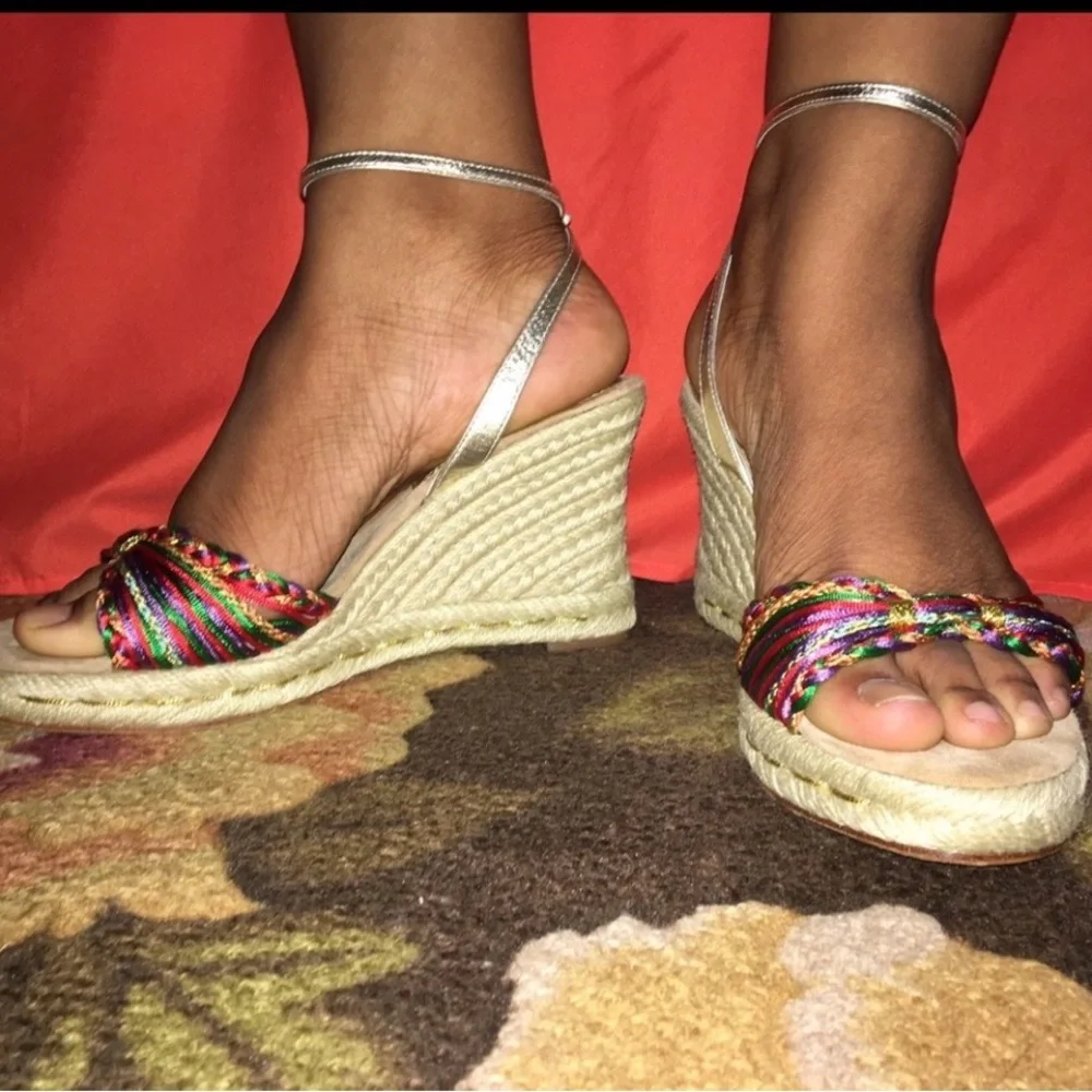 Cole Haan Multicolor Braided Espadrille Wedge Sandals with Silver Ankle Strap